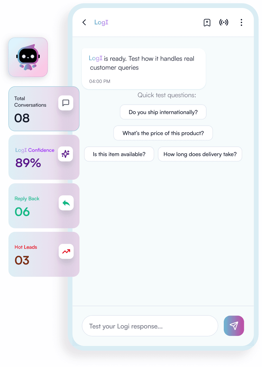 LogI Studio preview showing conversations, confidence, and reply stats alongside a live test chat