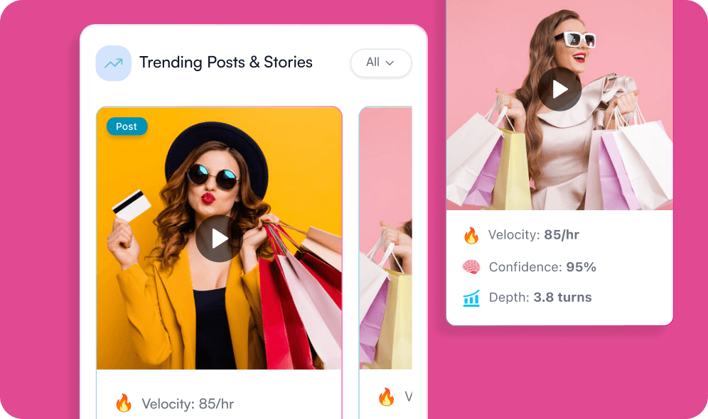 Trending posts and stories with velocity, confidence, and depth metrics